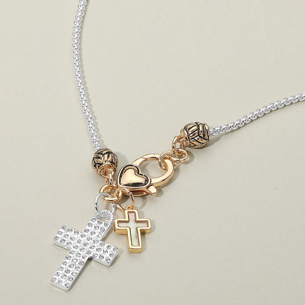 Stone Paved Mother of Pearl Cross Charm Pendant Necklace - Madeline Love - Flyclothing LLC