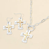 Brushed Hammered Metal Cross Pendant Paperclip Chain Toggle Necklace - Madeline Love - Flyclothing LLC