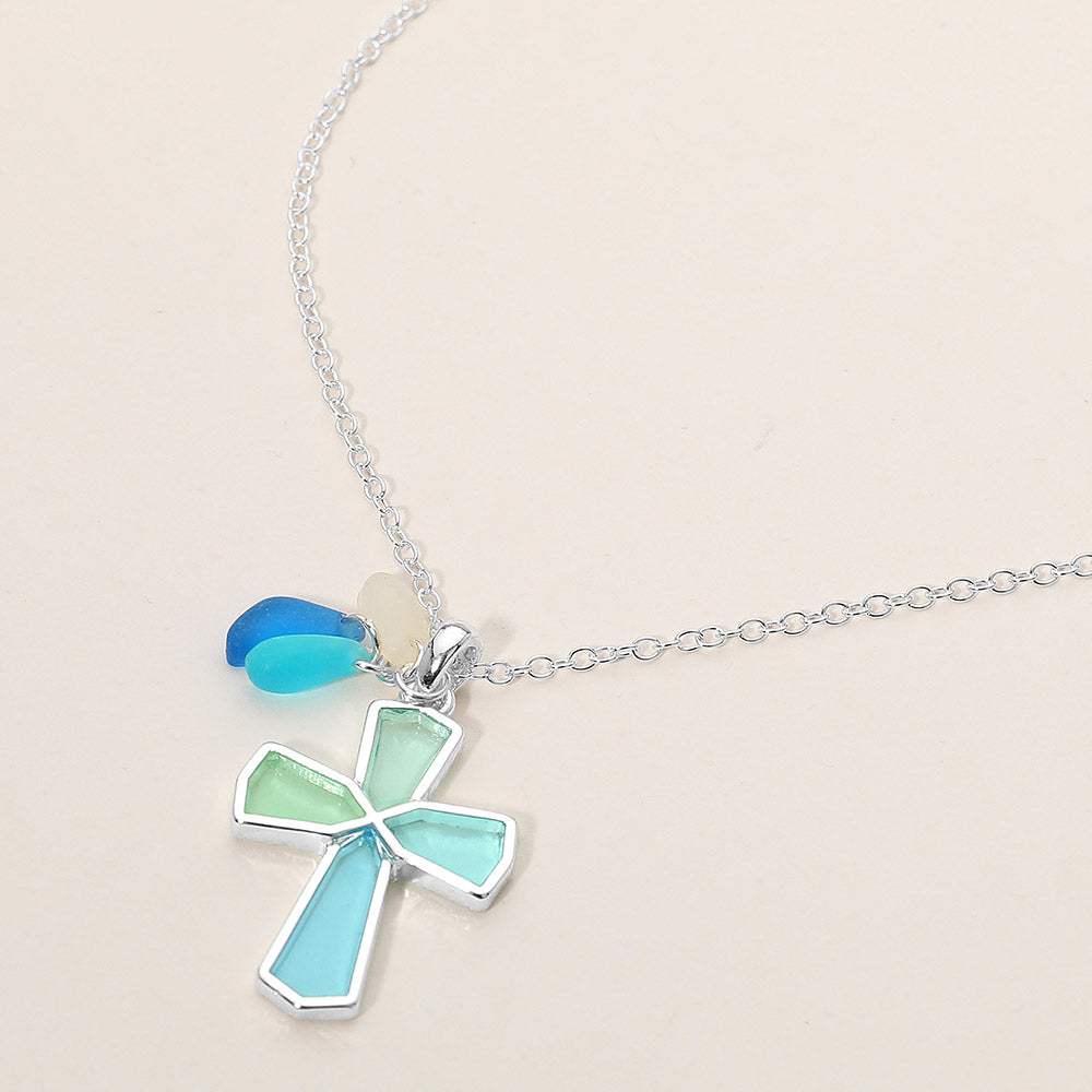 Sea Glass Coastal Cross Pendant Necklace - Madeline Love - Flyclothing LLC