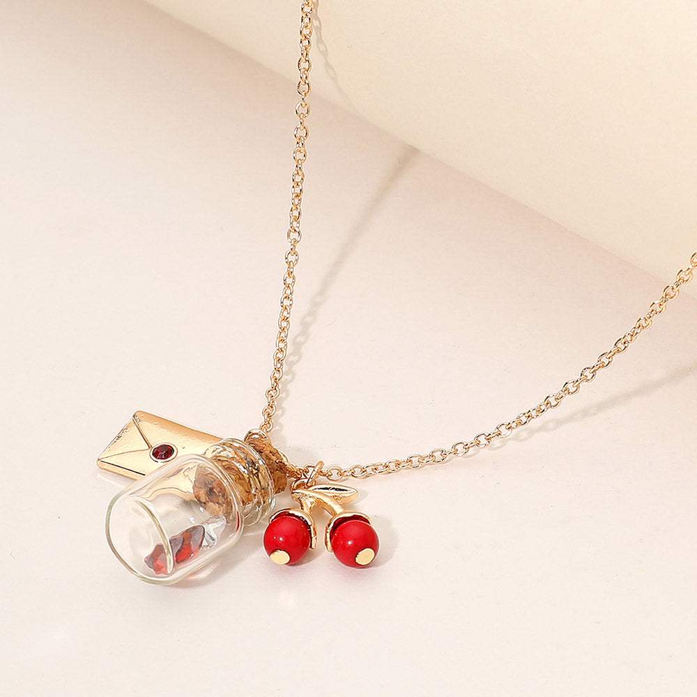 Whimsical Glass Bottle Envelope Cherry Charm Pendant Necklace - Madeline Love - Flyclothing LLC