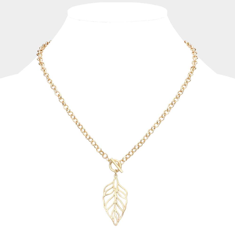 Cut Out Metal Leaf Pendant Toggle Necklace - Madeline Love - Flyclothing LLC