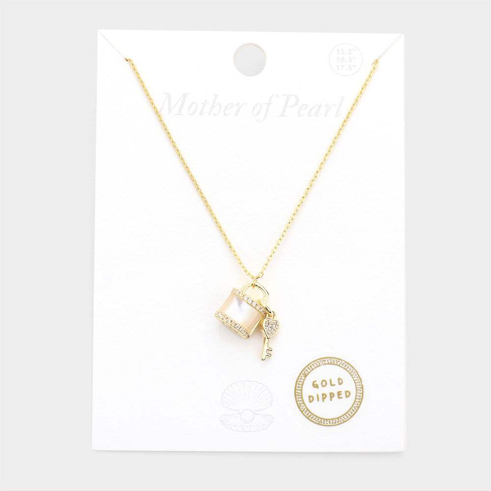 Gold Dipped Mother of Pearl Lock Key Pendant Necklace - Madeline Love - Flyclothing LLC
