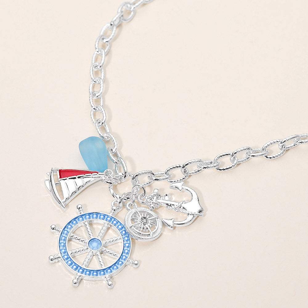 Nautical Anchor Wheel Boat Sea Glass Charm Pendant Necklace - Madeline Love - Flyclothing LLC