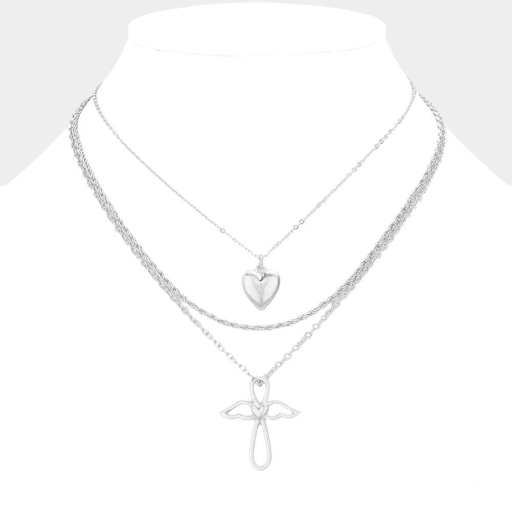 3PCS - Metal Heart Angel Wing Cross Pendant Necklaces - Madeline Love - Flyclothing LLC