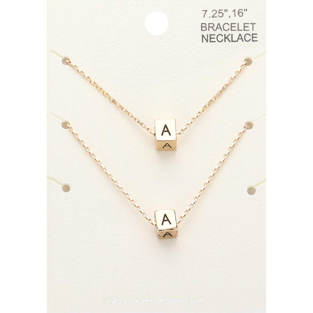 2PCS - -A- Initial Monogram Metal Cube Pendant Necklace / Bracelet Set - Madeline Love - Flyclothing LLC