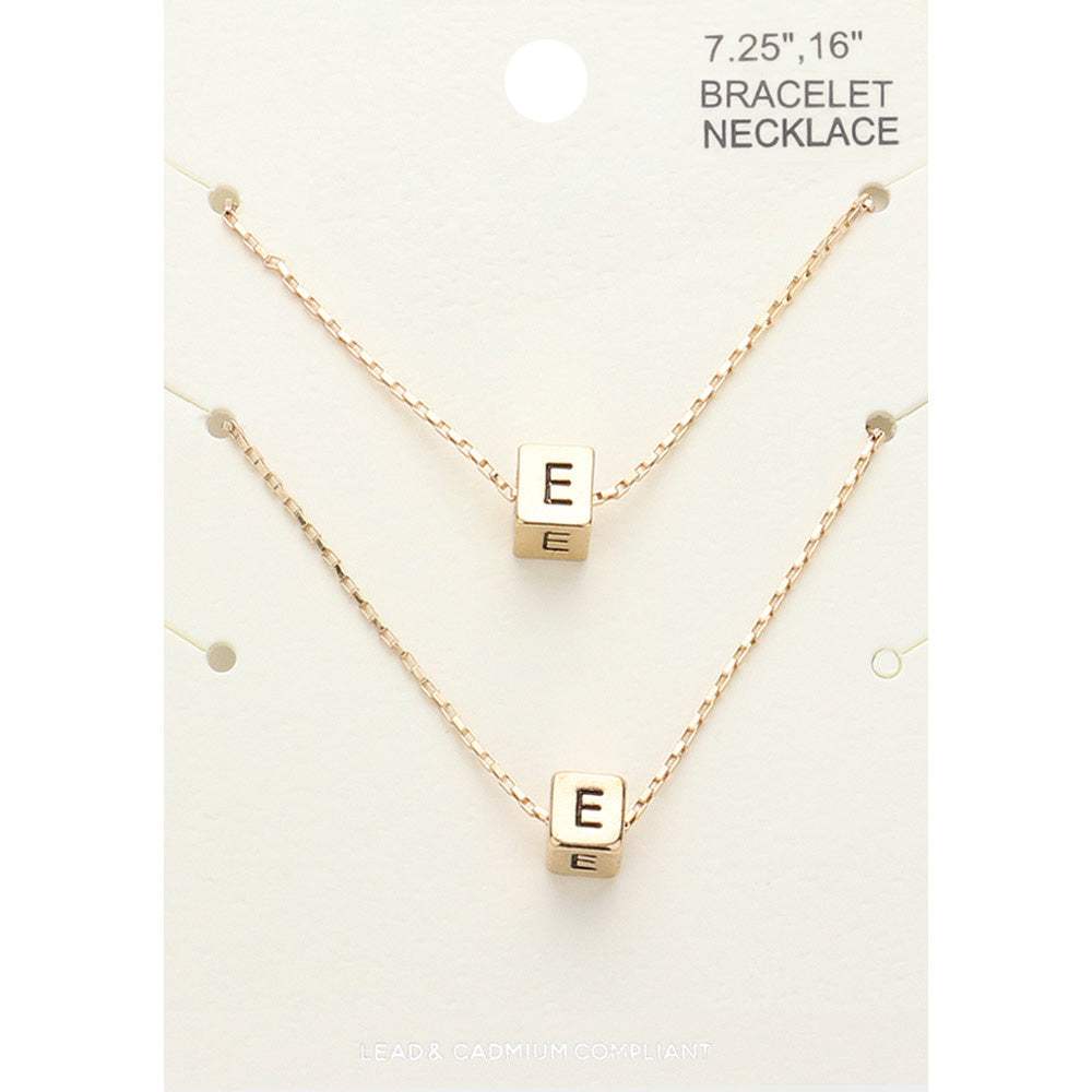 2PCS - -E- Initial Monogram Metal Cube Pendant Necklace / Bracelet Set - Madeline Love - Flyclothing LLC