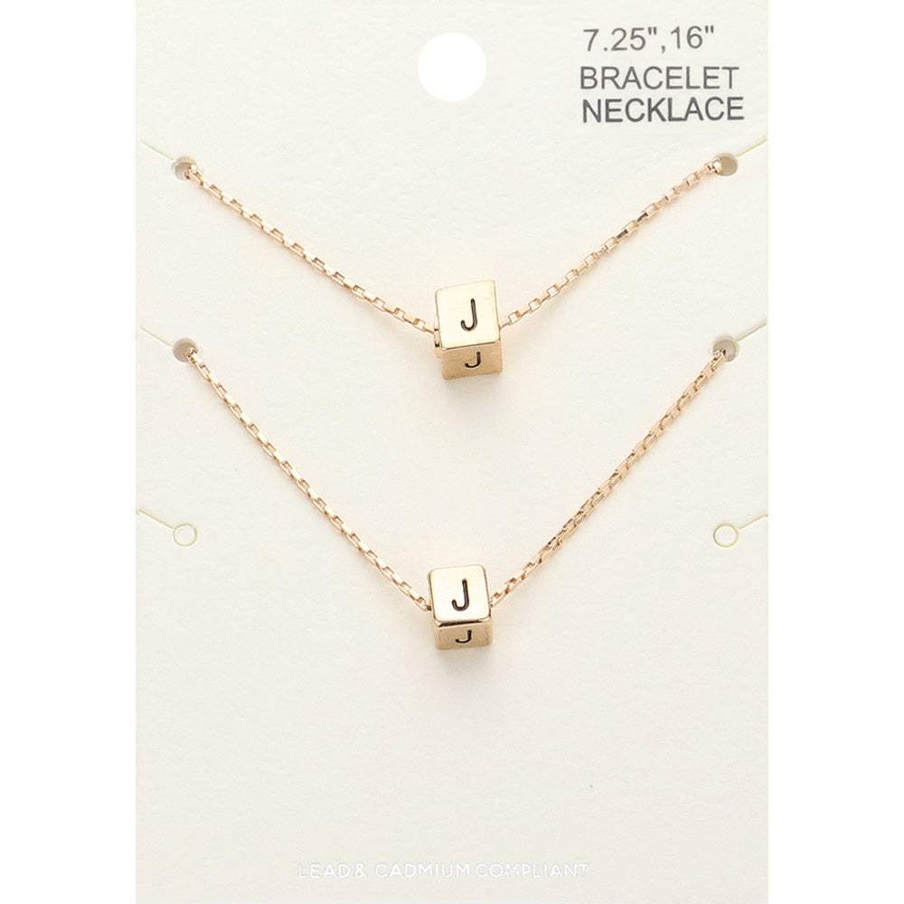 2PCS - -J- Initial Monogram Metal Cube Pendant Necklace / Bracelet Set - Madeline Love - Flyclothing LLC
