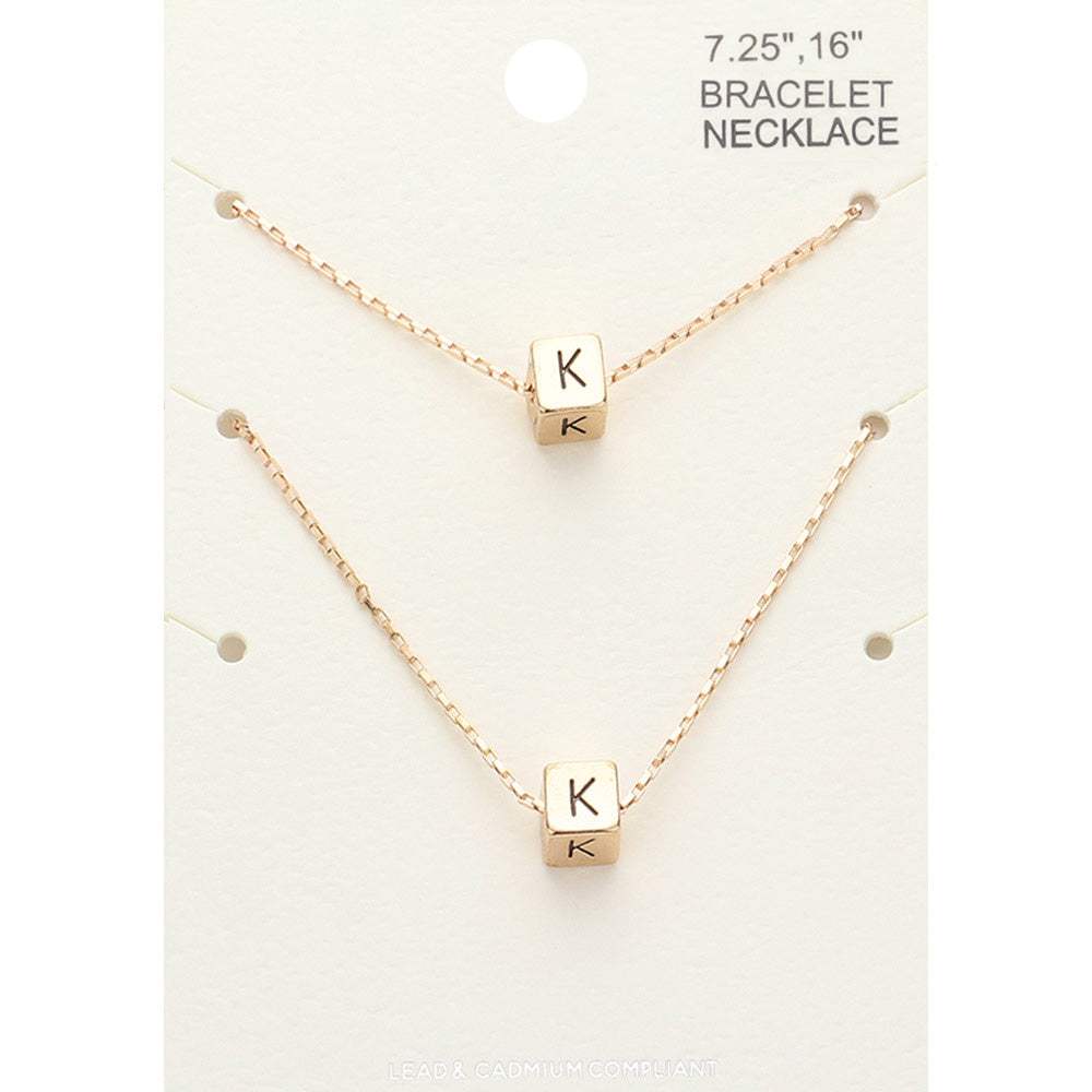2PCS - -K- Initial Monogram Metal Cube Pendant Necklace / Bracelet Set - Madeline Love - Flyclothing LLC