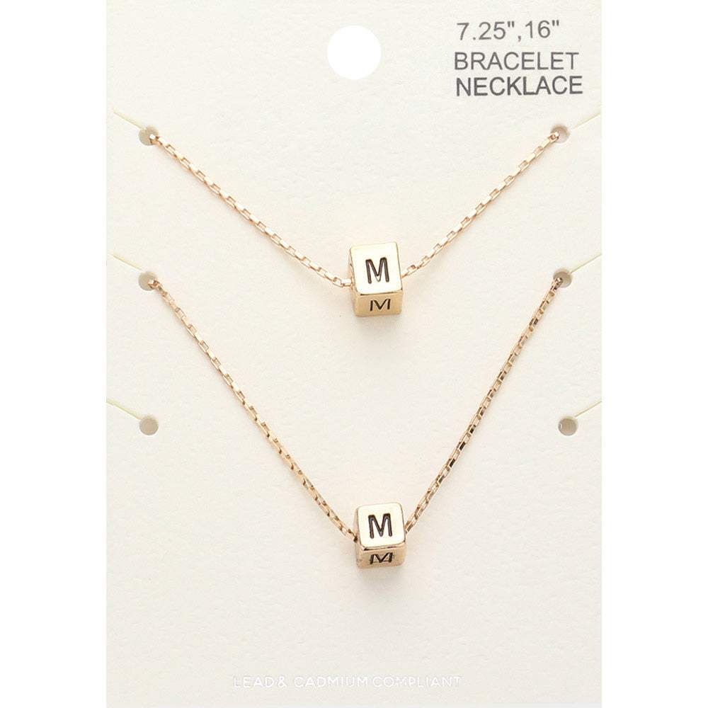 2PCS - -M- Initial Monogram Metal Cube Pendant Necklace / Bracelet Set - Madeline Love - Flyclothing LLC