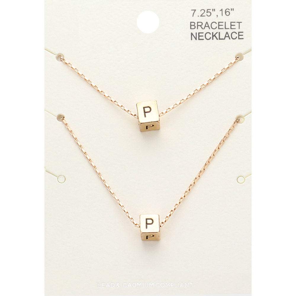 2PCS - -P- Initial Monogram Metal Cube Pendant Necklace / Bracelet Set - Madeline Love - Flyclothing LLC