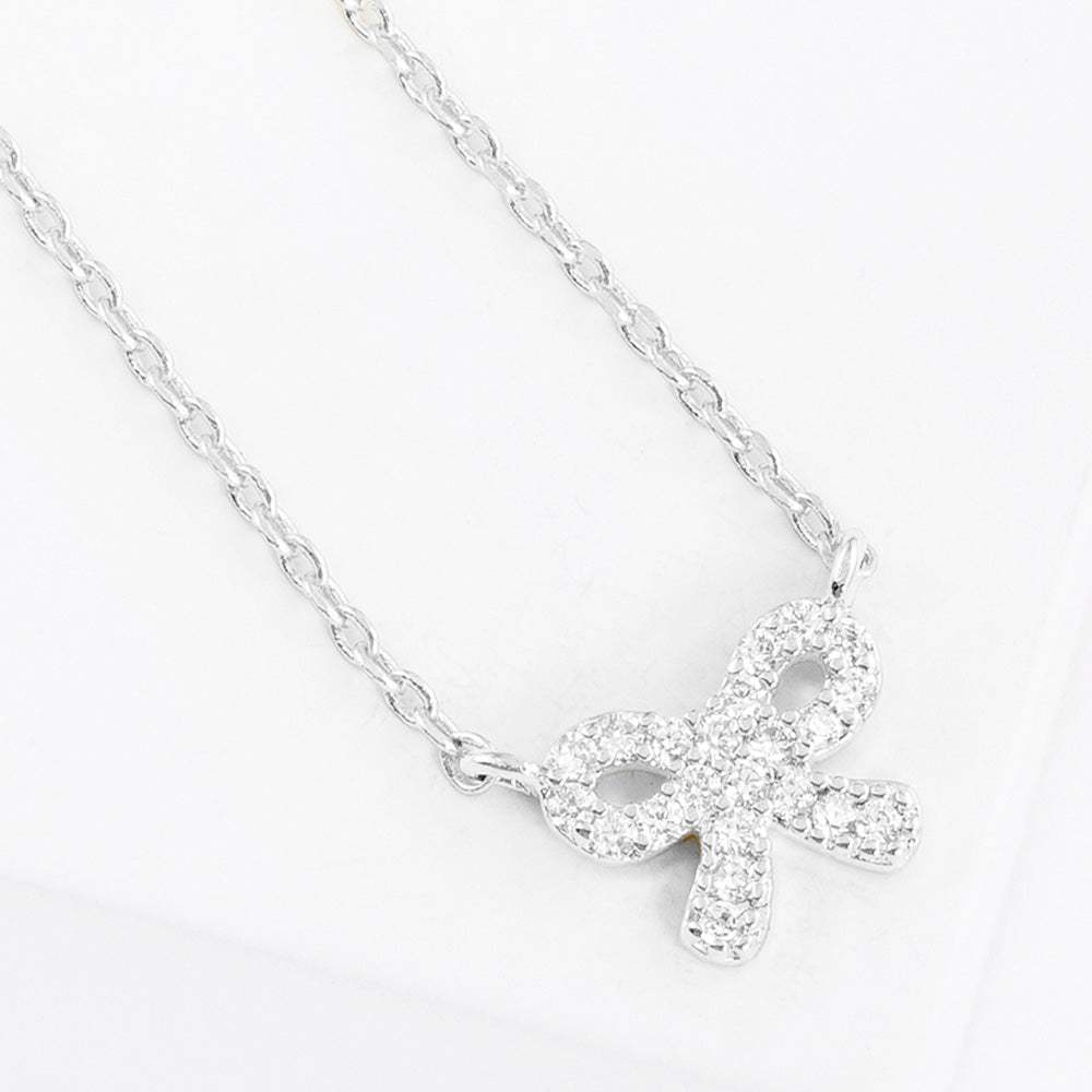 White Gold Dipped CZ Stone Paved Bow Pendant Necklace - Madeline Love - Flyclothing LLC