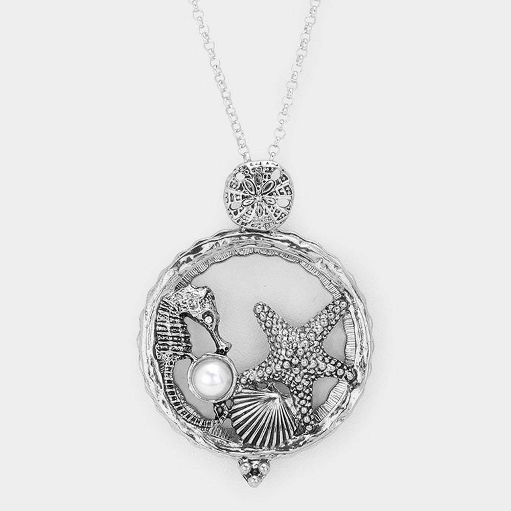 Seahorse Starfish Shell Pearl Magnifying Glass Pendant Long Necklace - Madeline Love - Flyclothing LLC