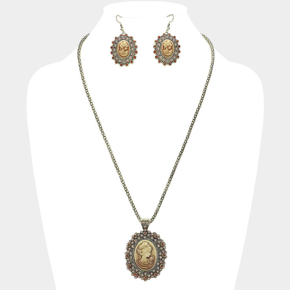 Rhinestone Paved Cameo Pointed Pendant Necklace - Madeline Love - Flyclothing LLC