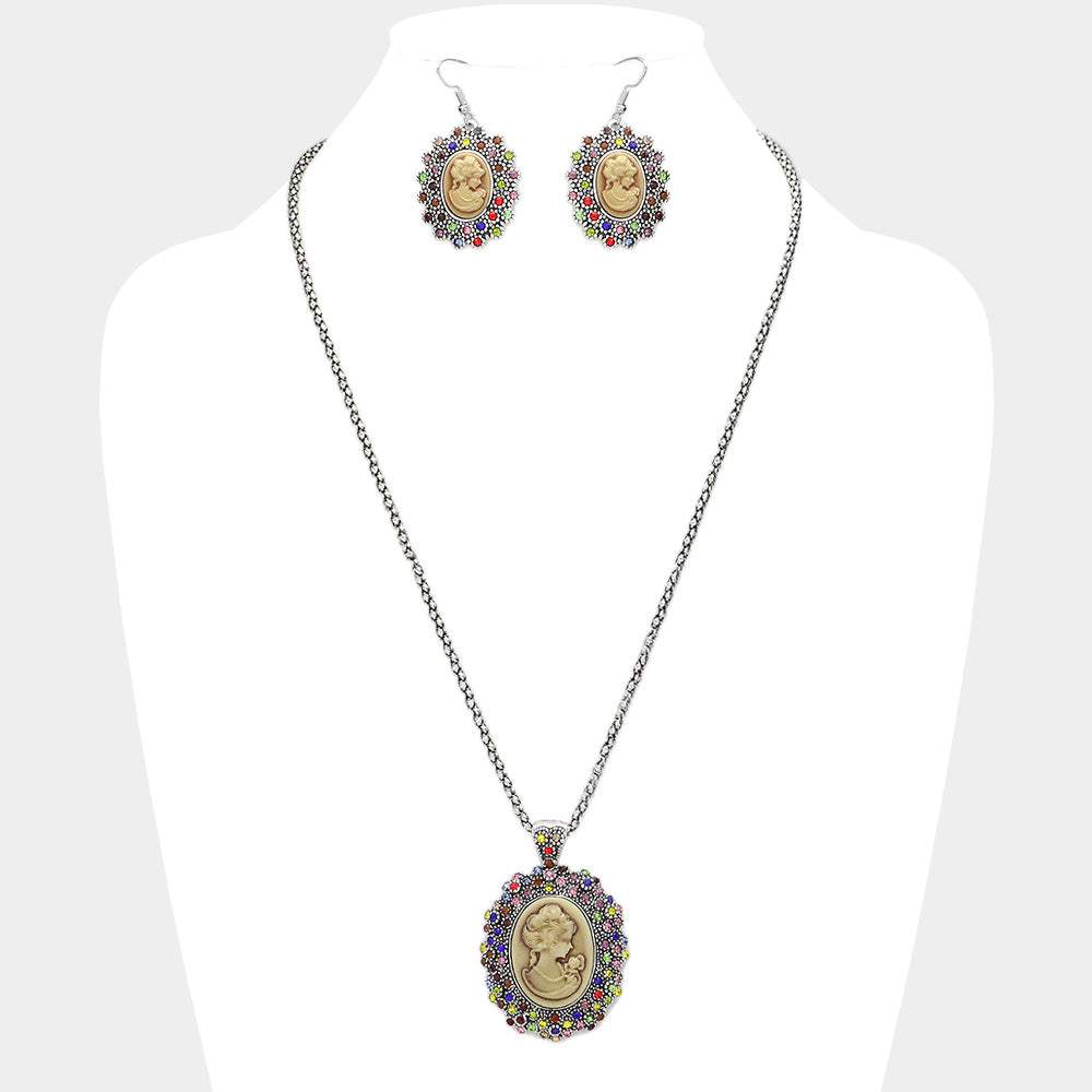 Rhinestone Paved Cameo Pointed Pendant Necklace - Madeline Love - Flyclothing LLC