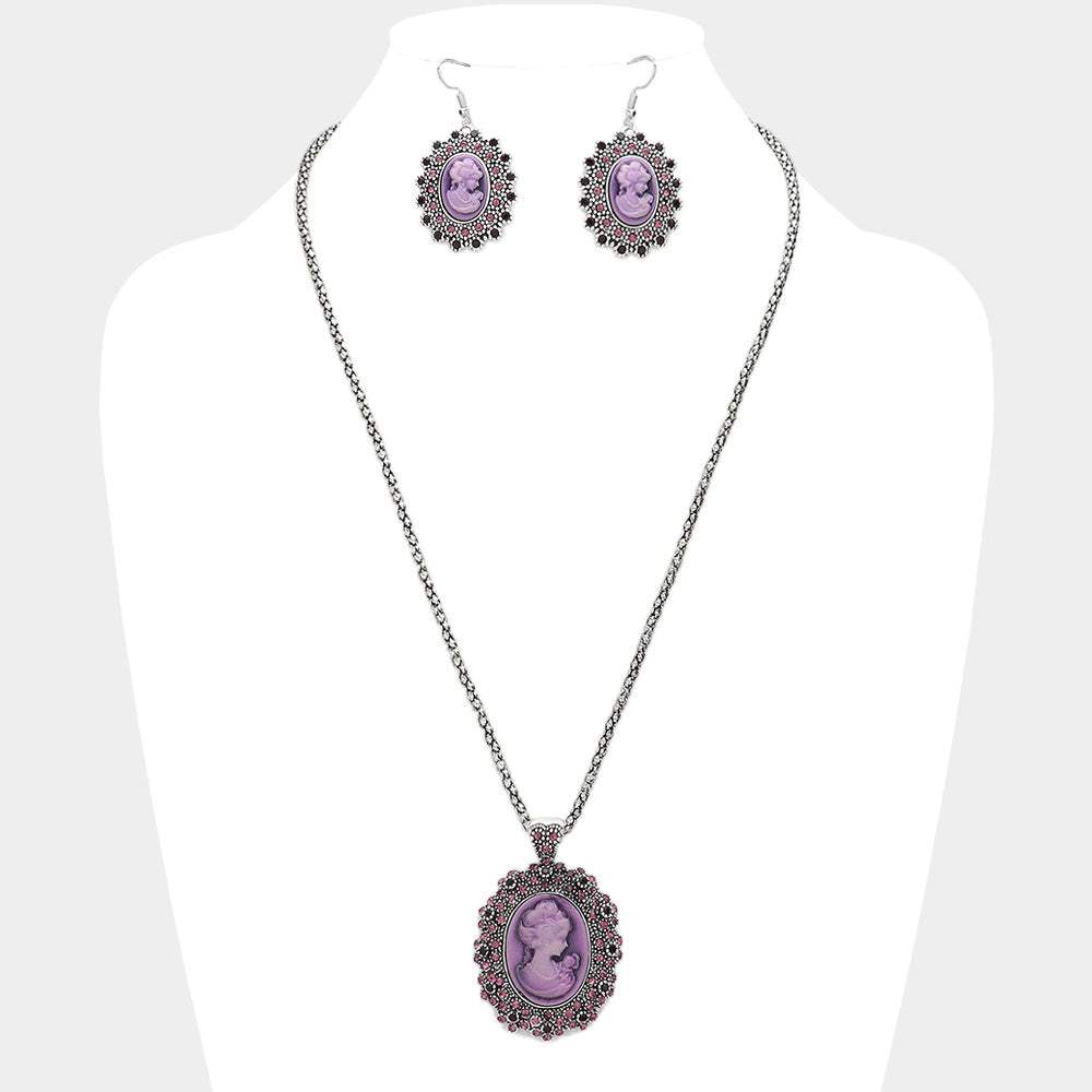 Rhinestone Paved Cameo Pointed Pendant Necklace - Madeline Love - Flyclothing LLC