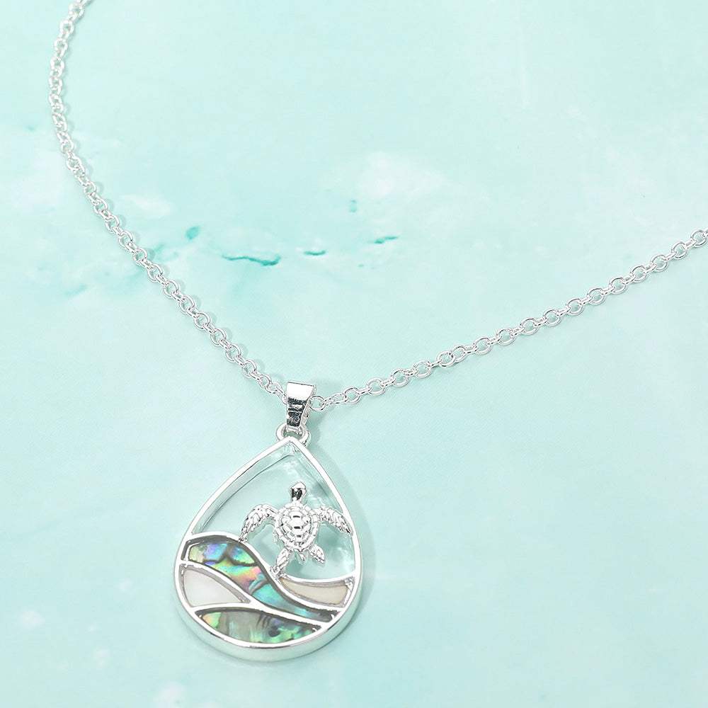 Abalone Sea Turtle Wave Teardrop Pendant Necklace - Madeline Love - Flyclothing LLC