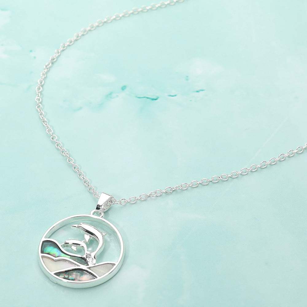 Abalone Double Dolphin Wave Round Pendant Necklace - Madeline Love - Flyclothing LLC