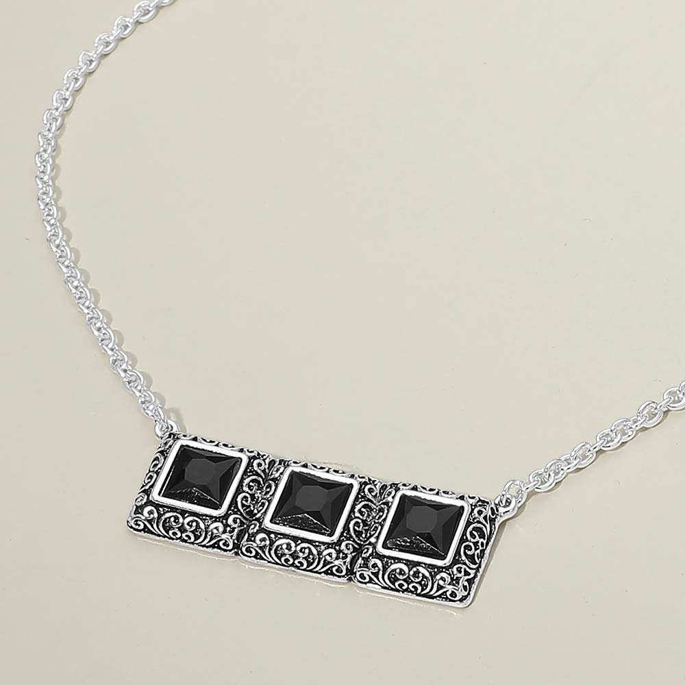 Triple Antique Metal Scrollwork Frame Square Tile Pendant Necklace - Madeline Love - Flyclothing LLC