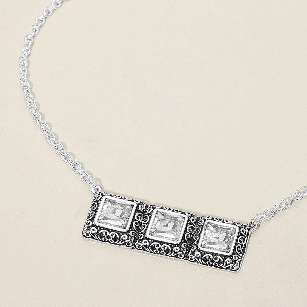 Triple Antique Metal Scrollwork Frame Square Tile Pendant Necklace - Madeline Love - Flyclothing LLC