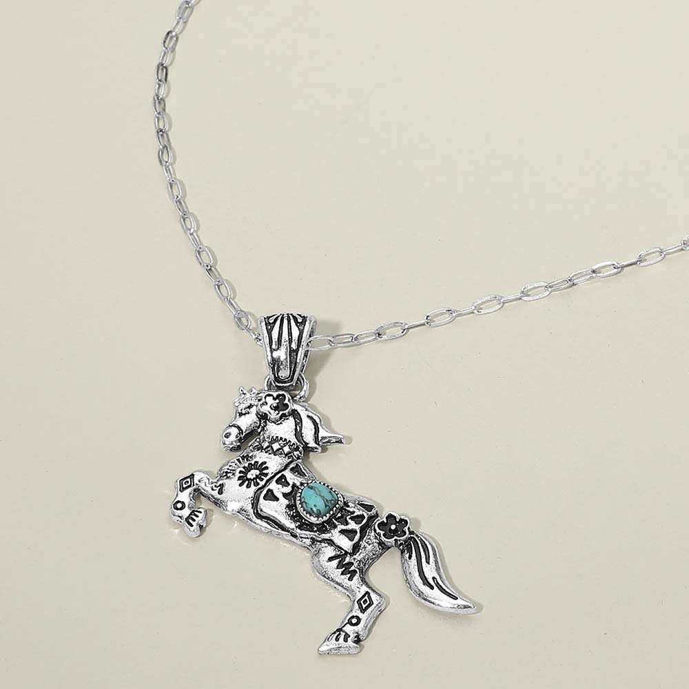 Turquoise Stone Accent Western Horse Pendant Necklace - Madeline Love - Flyclothing LLC