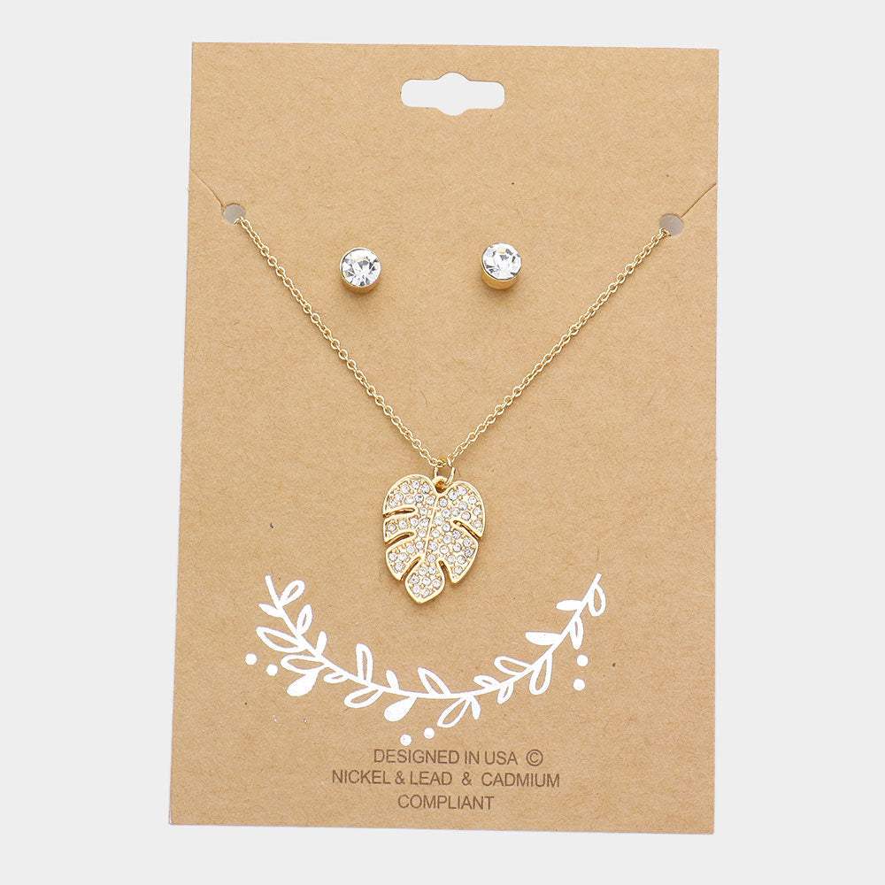 Rhinestone Embellished Tropical Leaf Pendant Necklace - Madeline Love - Flyclothing LLC