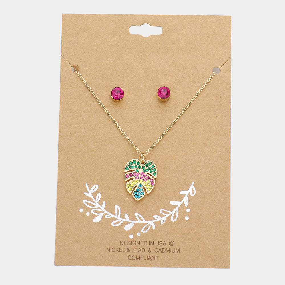 Rhinestone Embellished Tropical Leaf Pendant Necklace - Madeline Love - Flyclothing LLC
