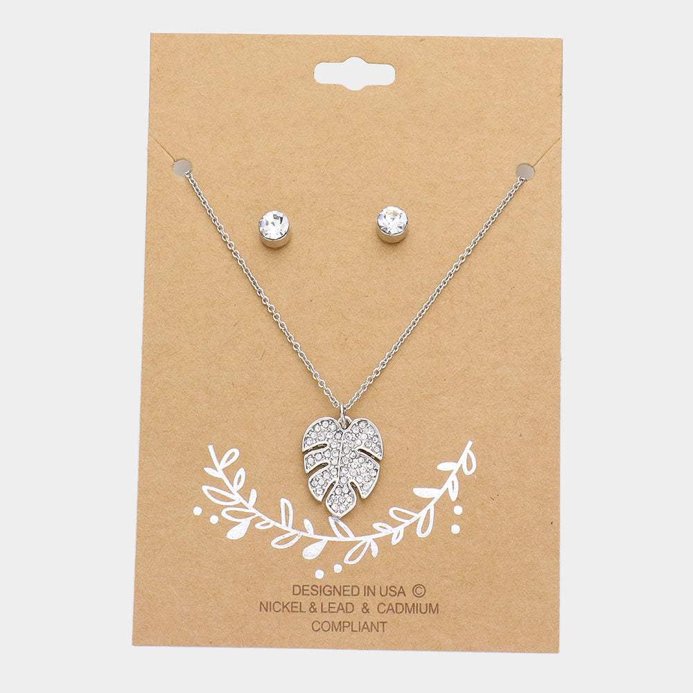 Rhinestone Embellished Tropical Leaf Pendant Necklace - Madeline Love - Flyclothing LLC