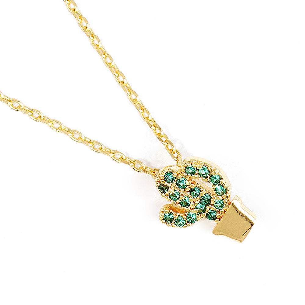 Gold Dipped CZ Stone Paved Cactus Pendant Necklace - Madeline Love - Flyclothing LLC