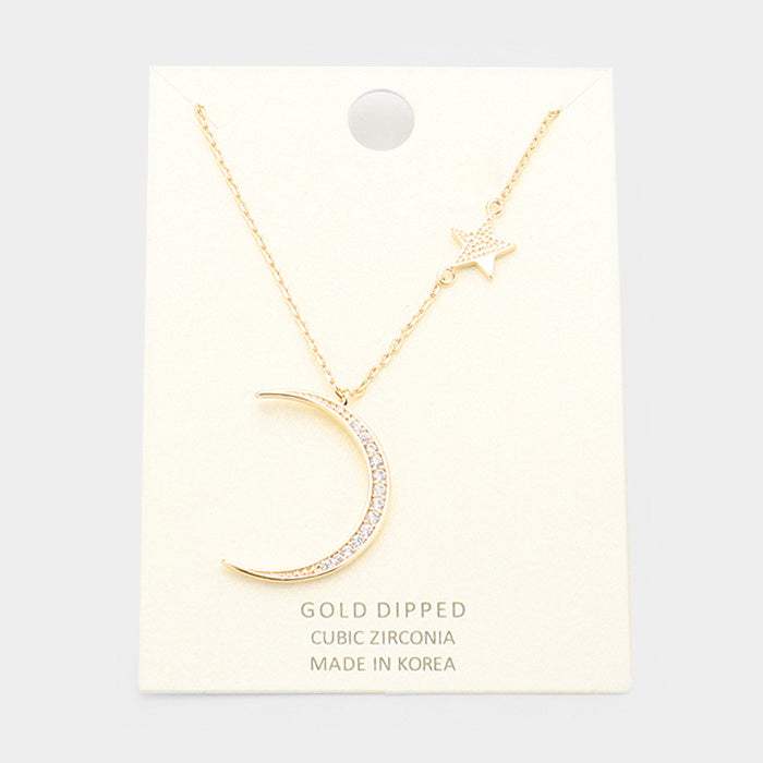 Gold Dipped Cubic Zirconia Moon Star Pendant Necklace - Madeline Love - Flyclothing LLC