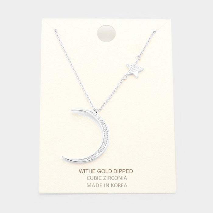 White Gold Dipped Cubic Zirconia Moon Star Pendant Necklace - Madeline Love - Flyclothing LLC