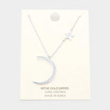 White Gold Dipped Cubic Zirconia Moon Star Pendant Necklace - Madeline Love - Flyclothing LLC