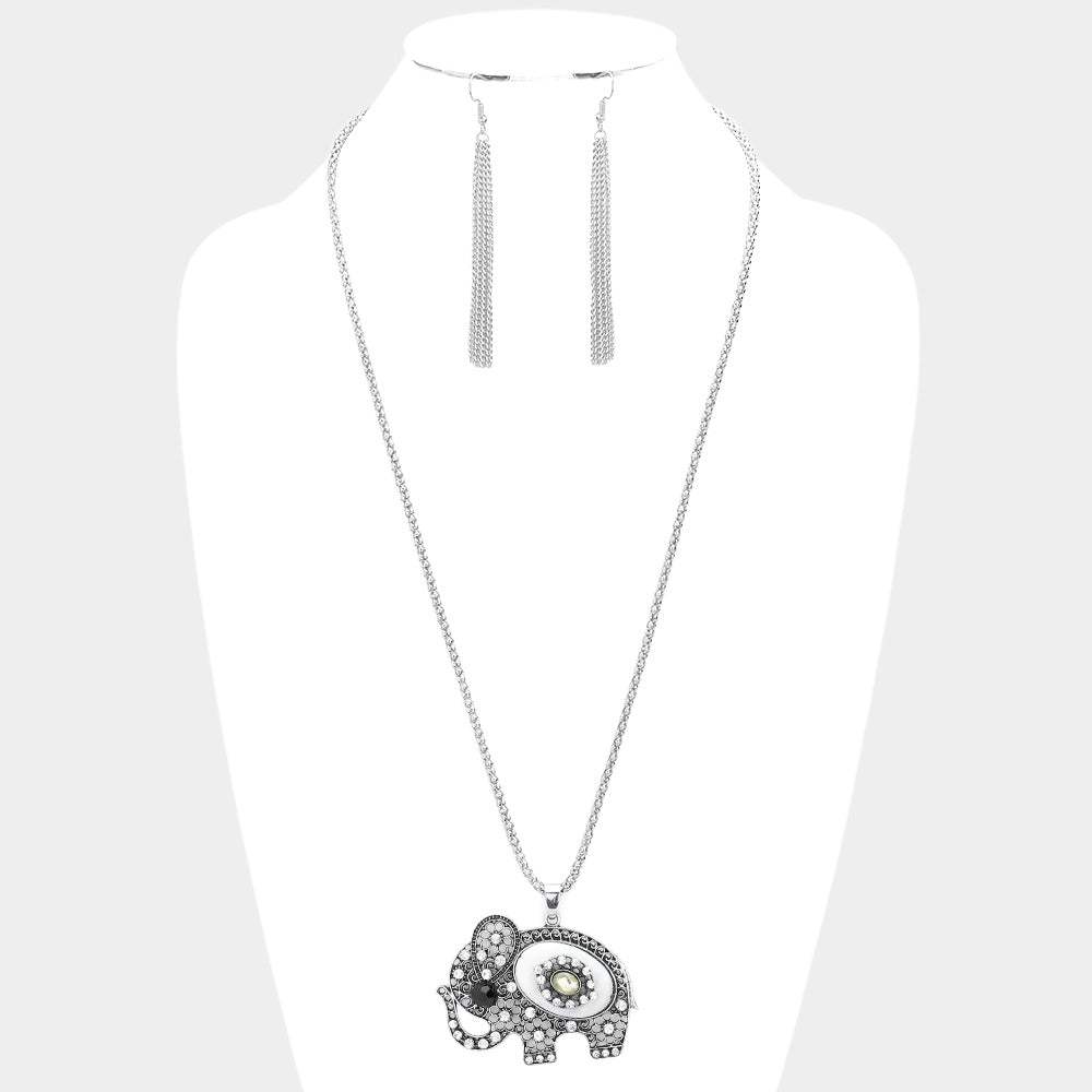 Stone Embellished Elephant Pendant Necklace - Madeline Love - Flyclothing LLC