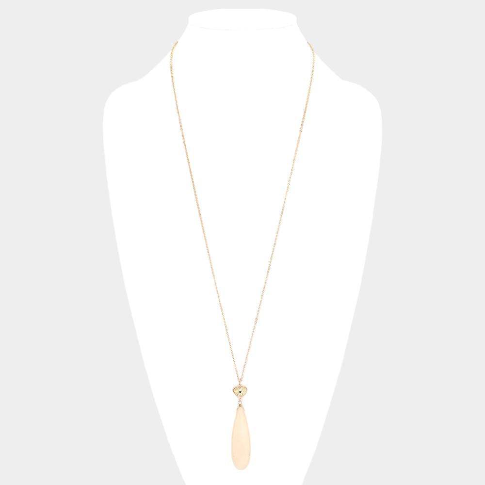 Metal Heart Teardrop Natural Stone Link Pendant Long Necklace - Madeline Love - Flyclothing LLC