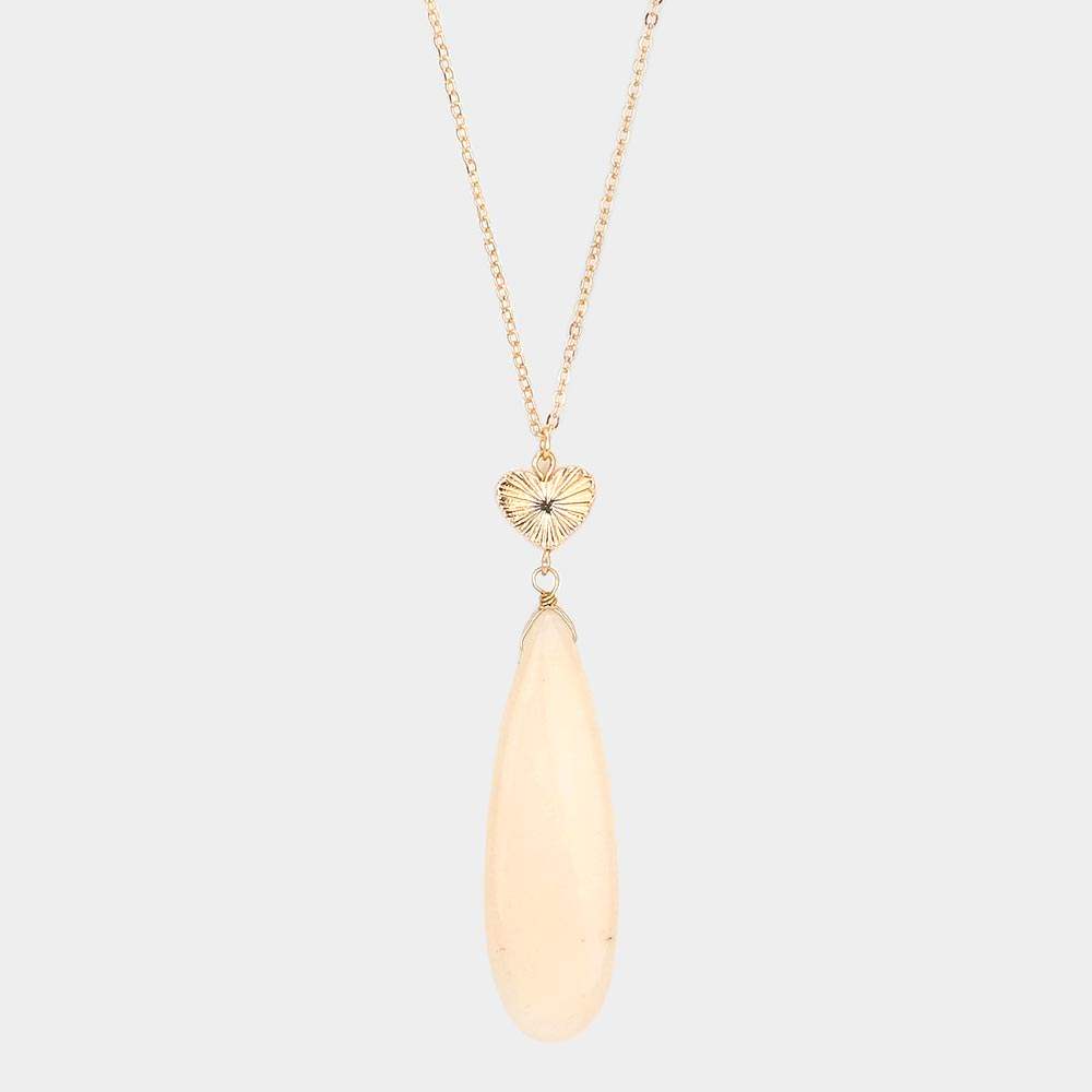 Metal Heart Teardrop Natural Stone Link Pendant Long Necklace - Madeline Love - Flyclothing LLC