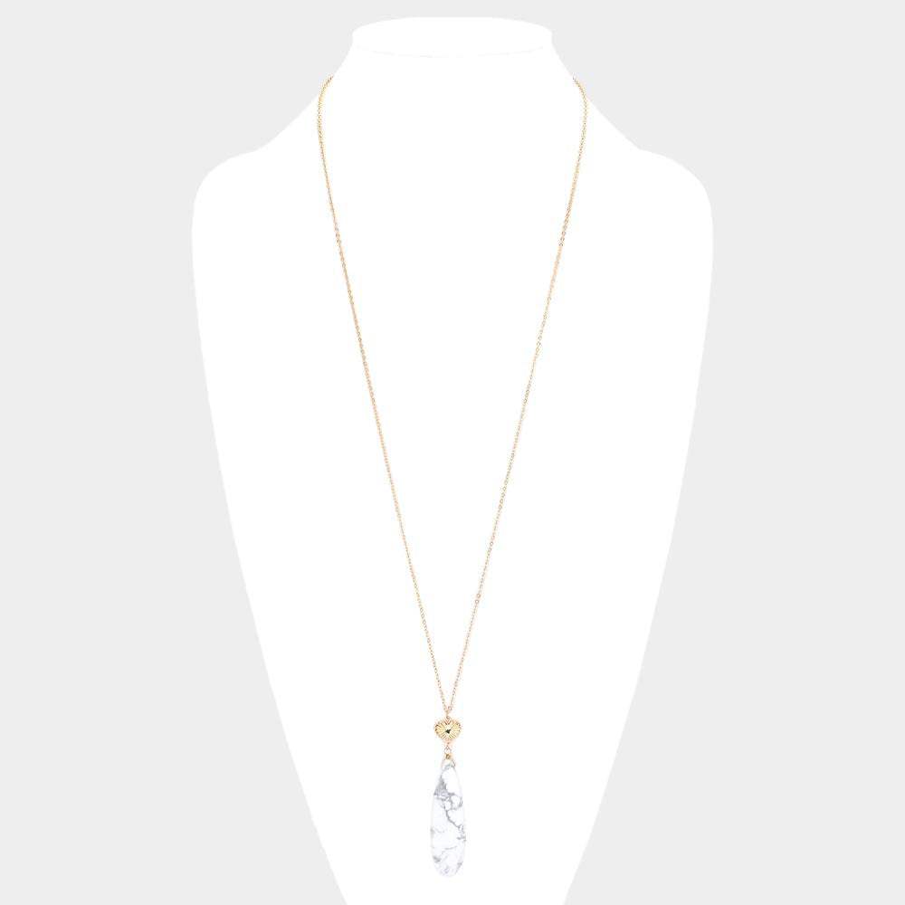 Metal Heart Teardrop Natural Stone Link Pendant Long Necklace - Madeline Love - Flyclothing LLC