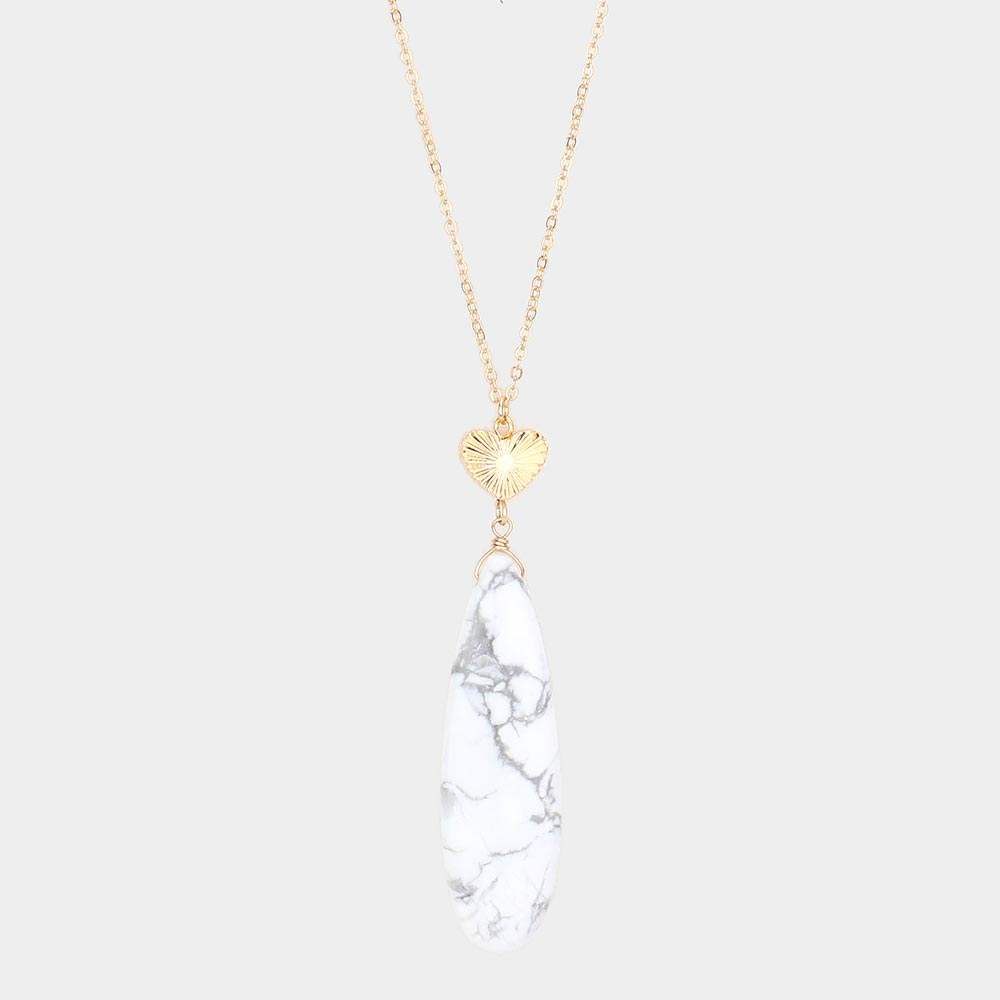 Metal Heart Teardrop Natural Stone Link Pendant Long Necklace - Madeline Love - Flyclothing LLC