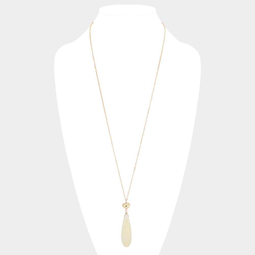 Metal Heart Teardrop Natural Stone Link Pendant Long Necklace - Madeline Love - Flyclothing LLC