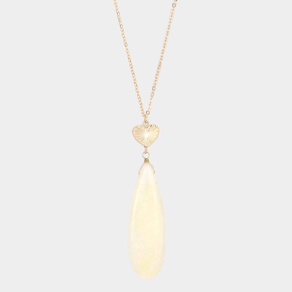 Metal Heart Teardrop Natural Stone Link Pendant Long Necklace - Madeline Love - Flyclothing LLC