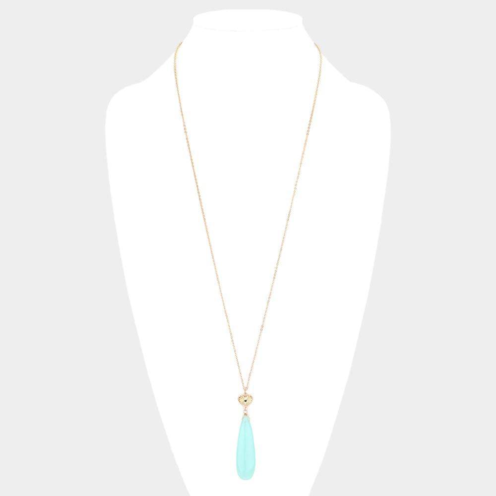 Metal Heart Teardrop Natural Stone Link Pendant Long Necklace - Madeline Love - Flyclothing LLC