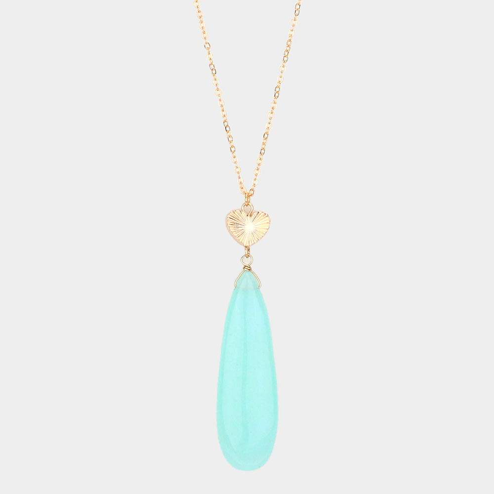 Metal Heart Teardrop Natural Stone Link Pendant Long Necklace - Madeline Love - Flyclothing LLC