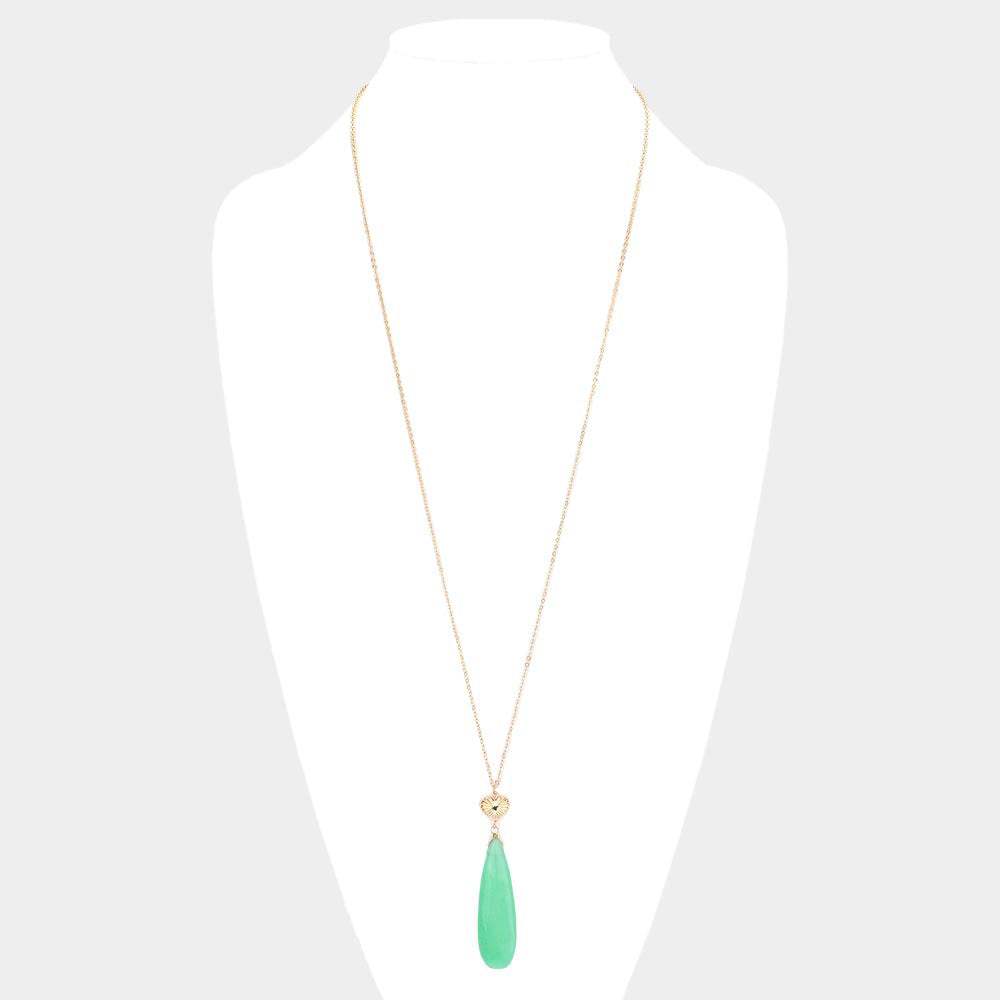 Metal Heart Teardrop Natural Stone Link Pendant Long Necklace - Madeline Love - Flyclothing LLC
