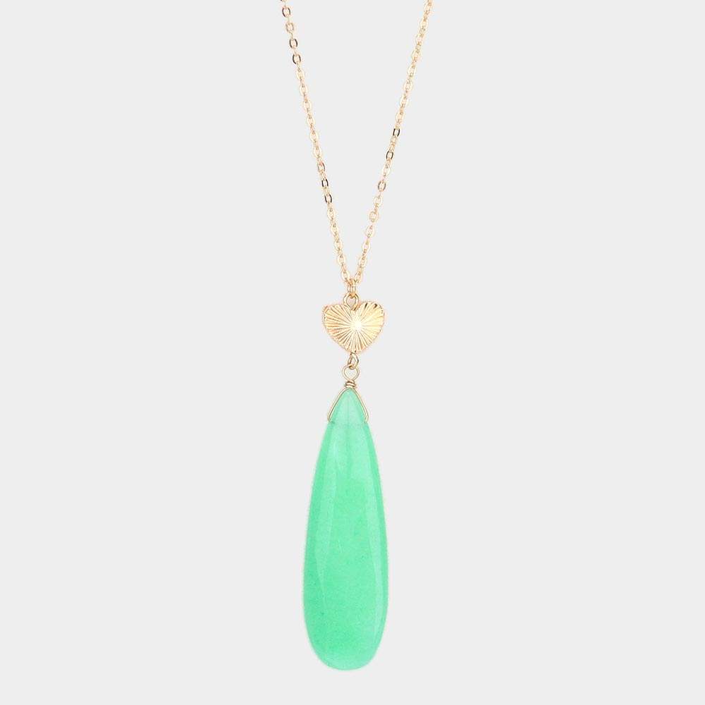 Metal Heart Teardrop Natural Stone Link Pendant Long Necklace - Madeline Love - Flyclothing LLC