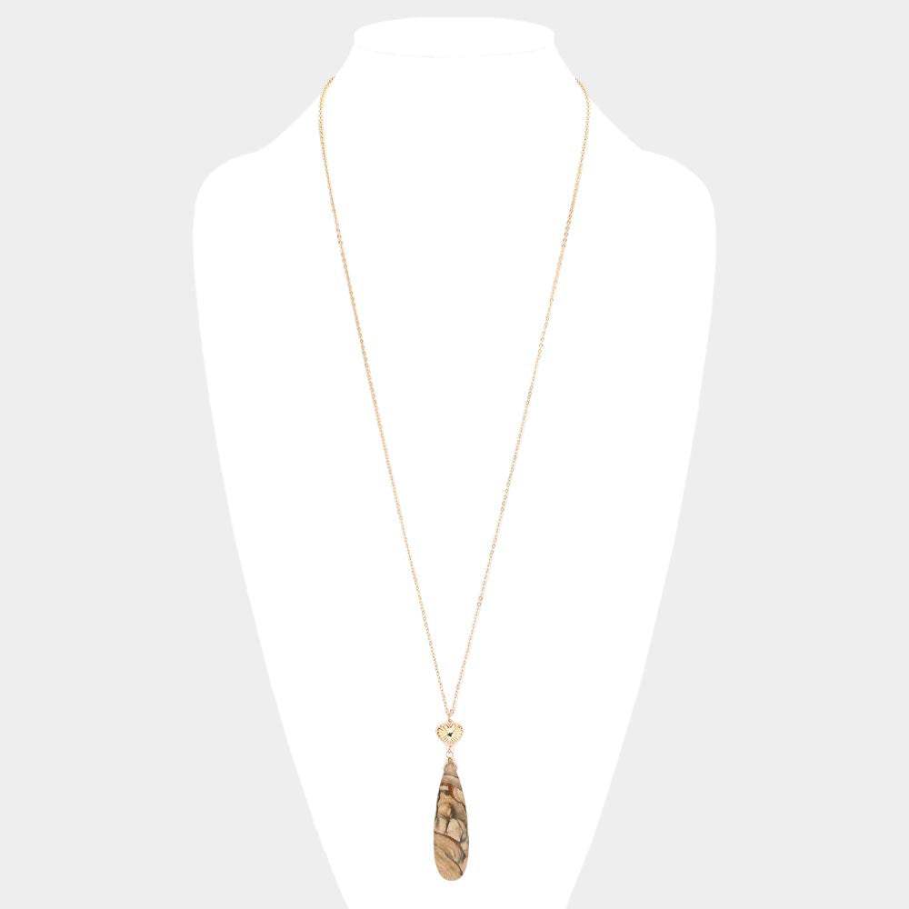 Metal Heart Teardrop Natural Stone Link Pendant Long Necklace - Madeline Love - Flyclothing LLC