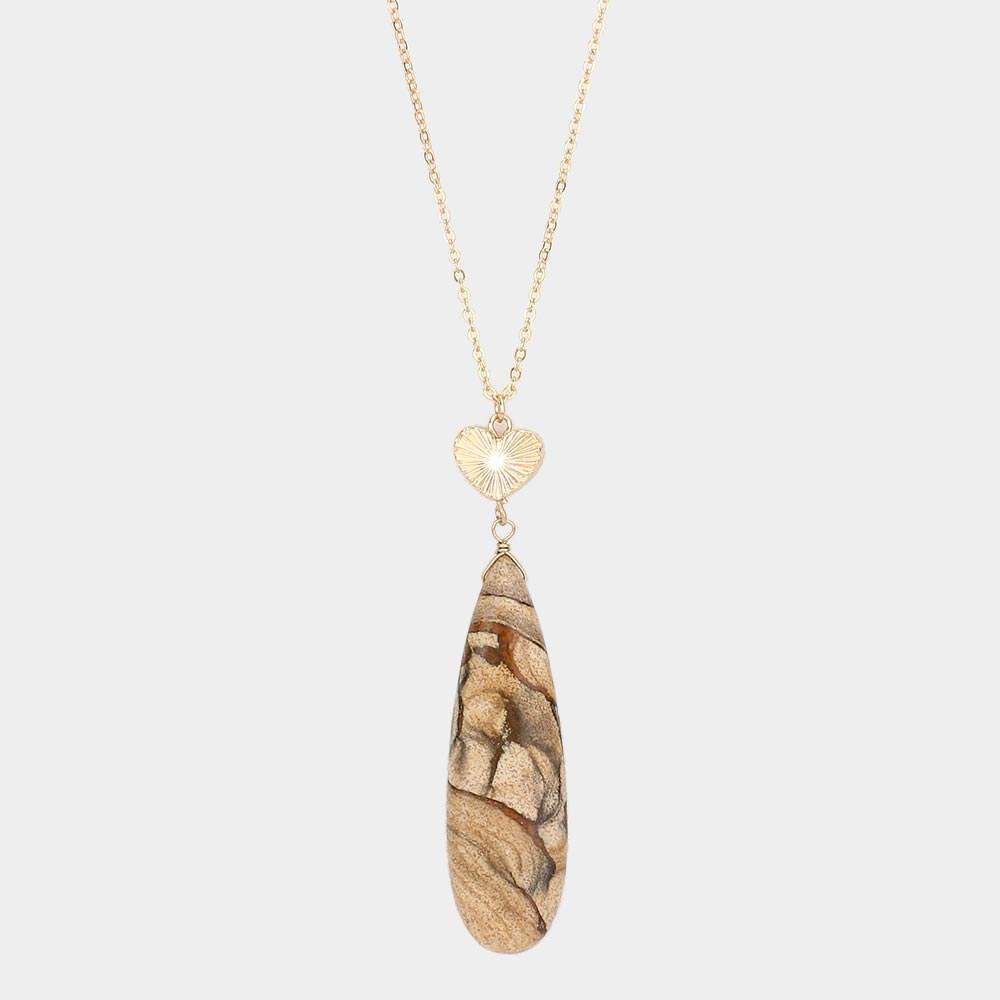 Metal Heart Teardrop Natural Stone Link Pendant Long Necklace - Madeline Love - Flyclothing LLC