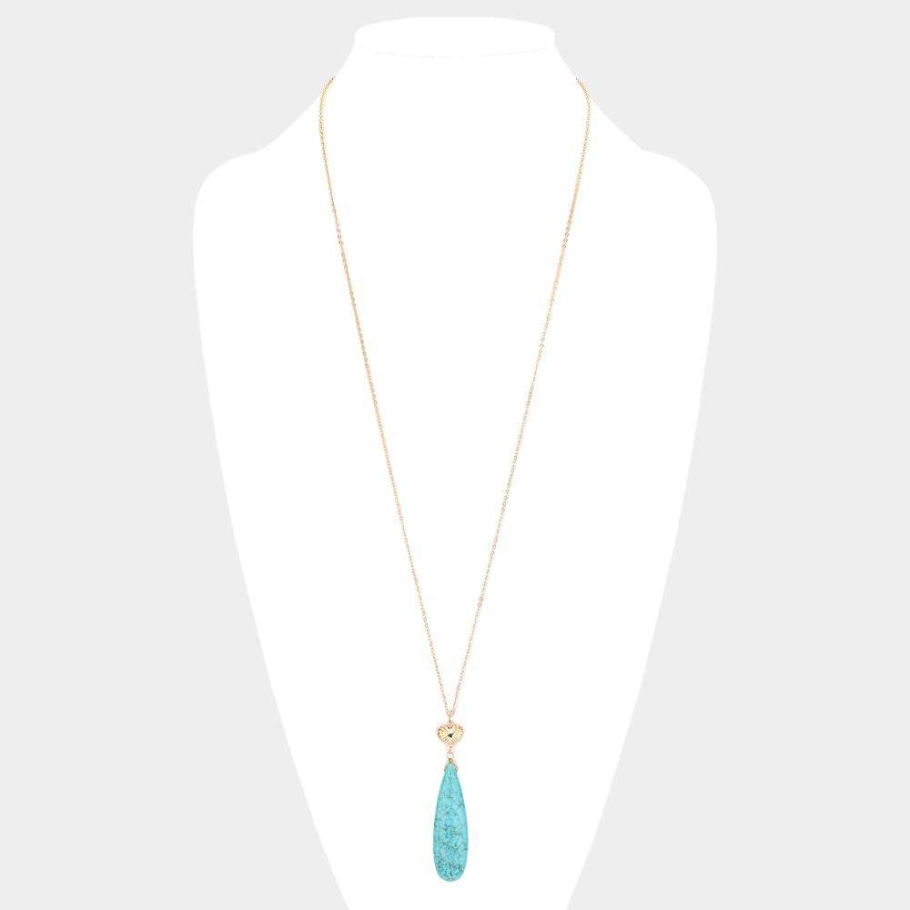 Metal Heart Teardrop Natural Stone Link Pendant Long Necklace - Madeline Love - Flyclothing LLC
