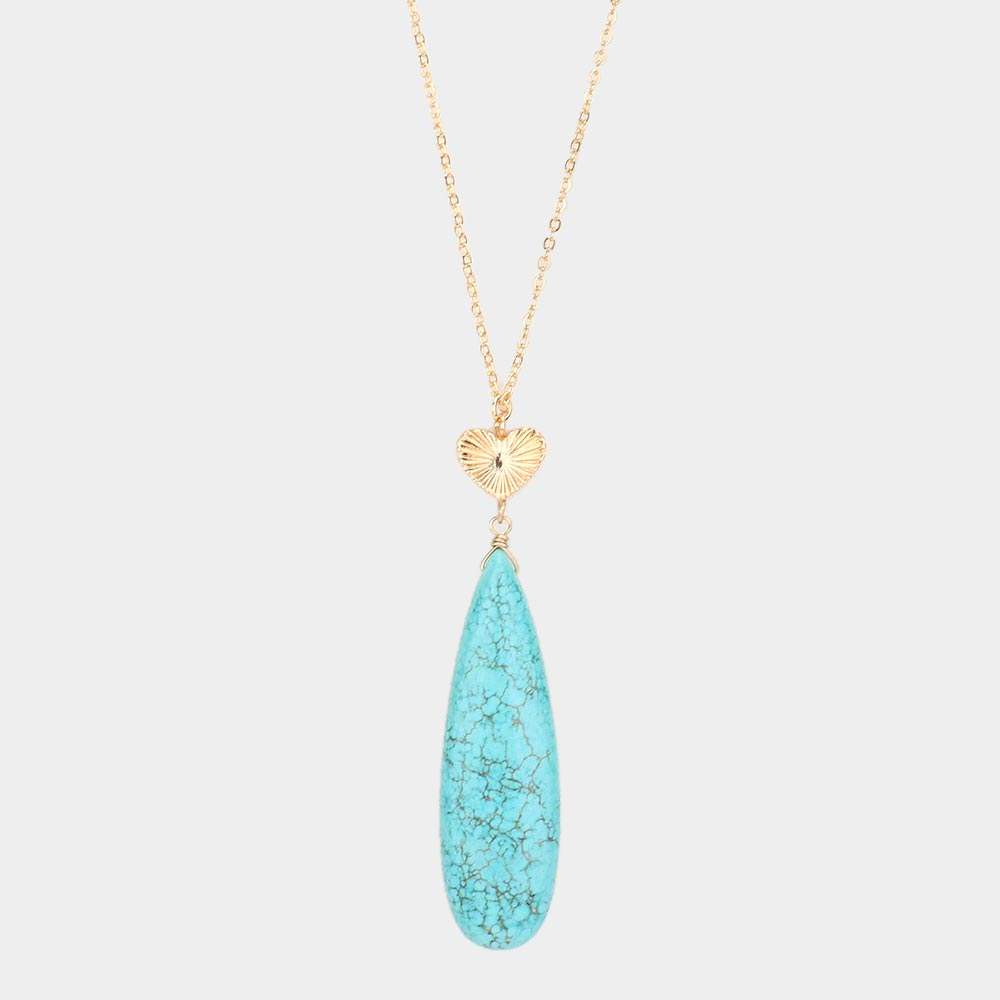 Metal Heart Teardrop Natural Stone Link Pendant Long Necklace - Madeline Love - Flyclothing LLC