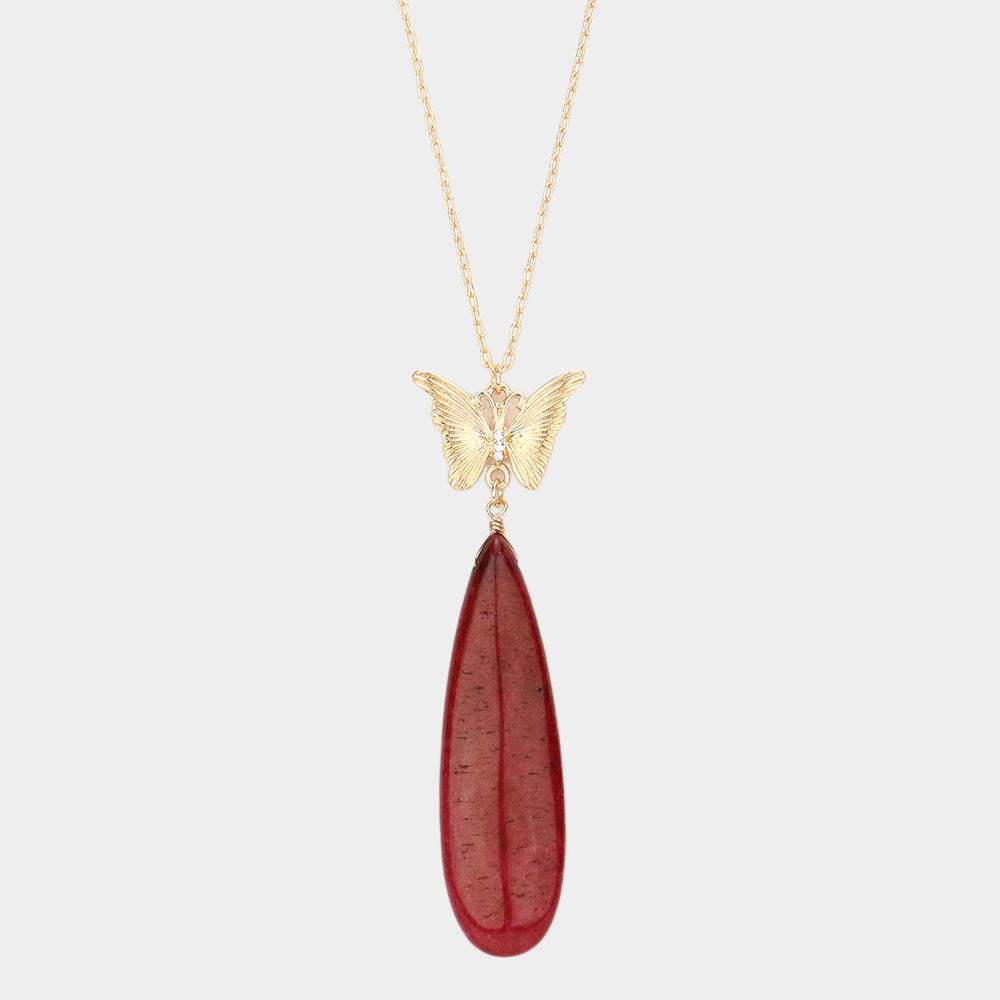 Butterfly Natural Stone Teardrop Link Pendant Long Necklace - Madeline Love - Flyclothing LLC