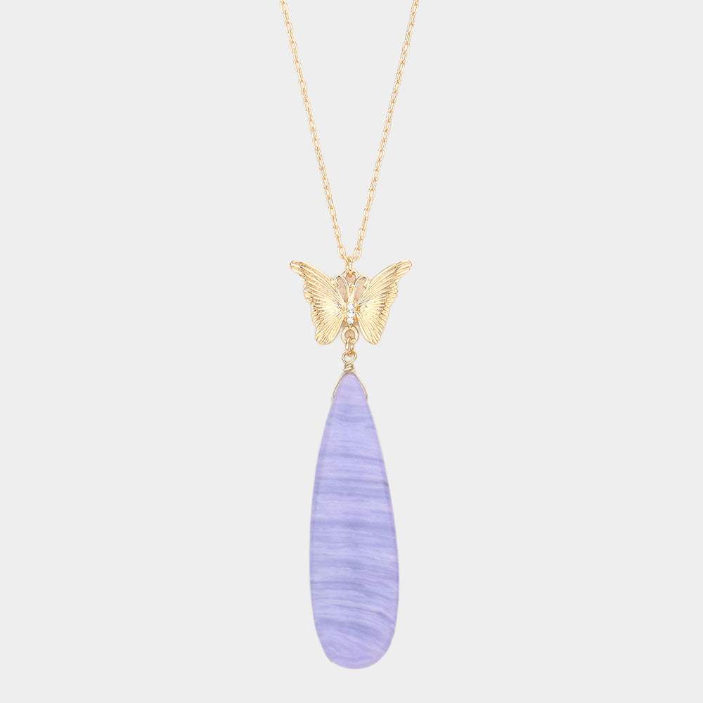 Butterfly Natural Stone Teardrop Link Pendant Long Necklace - Madeline Love - Flyclothing LLC