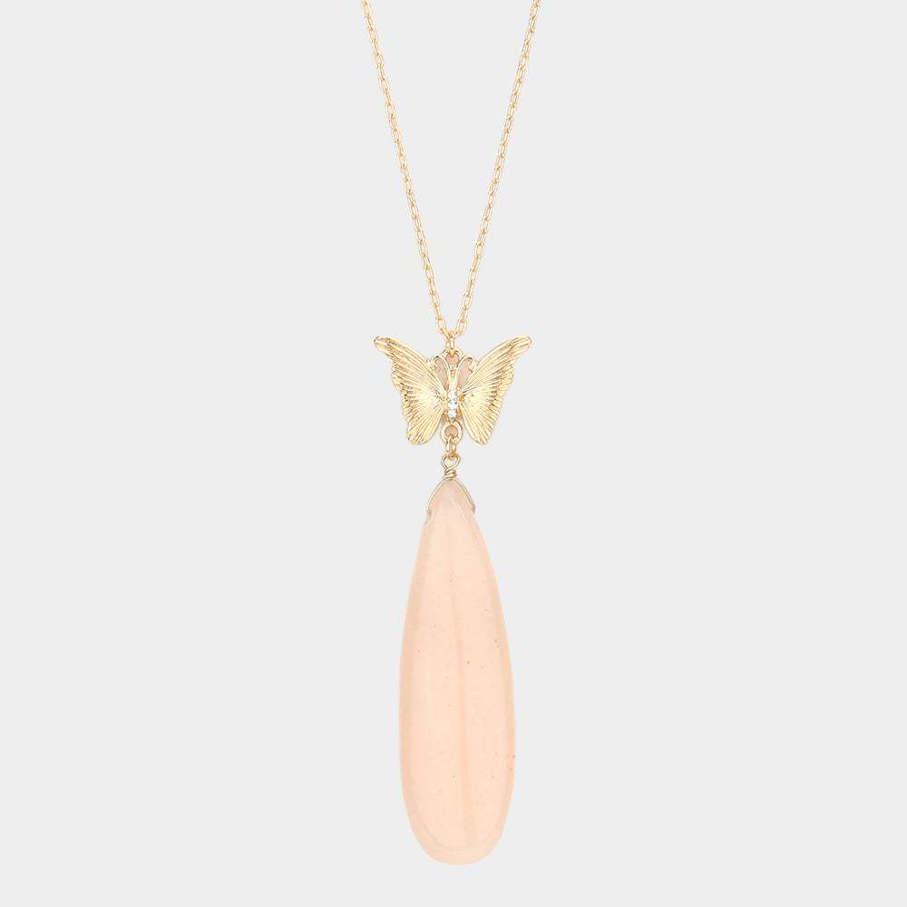 Butterfly Natural Stone Teardrop Link Pendant Long Necklace - Madeline Love - Flyclothing LLC
