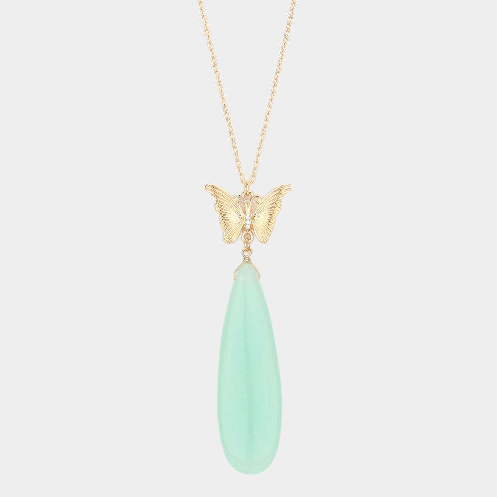 Butterfly Natural Stone Teardrop Link Pendant Long Necklace - Madeline Love - Flyclothing LLC